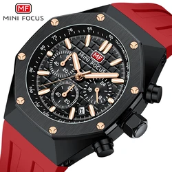 MINI FOCUS Sports Multifunction Waterproof Watches Calendar Fashion Red Silicone Strap Luxury Brand Quartz Mens Watch Luminous