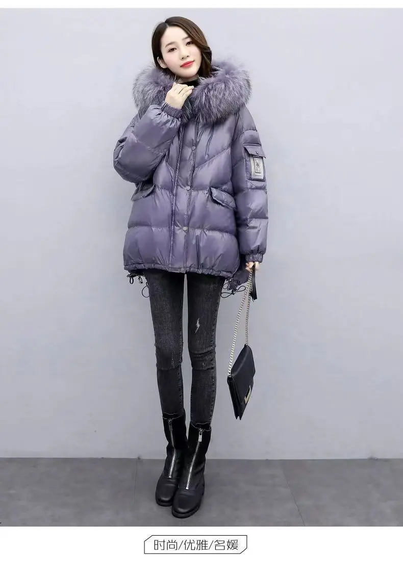 2026 Winter New Warm Down Cotton Jacket With Large Fur Collar Hooded Coat Loose Women Thicken Parker Puffer Overcoat Casual Wear