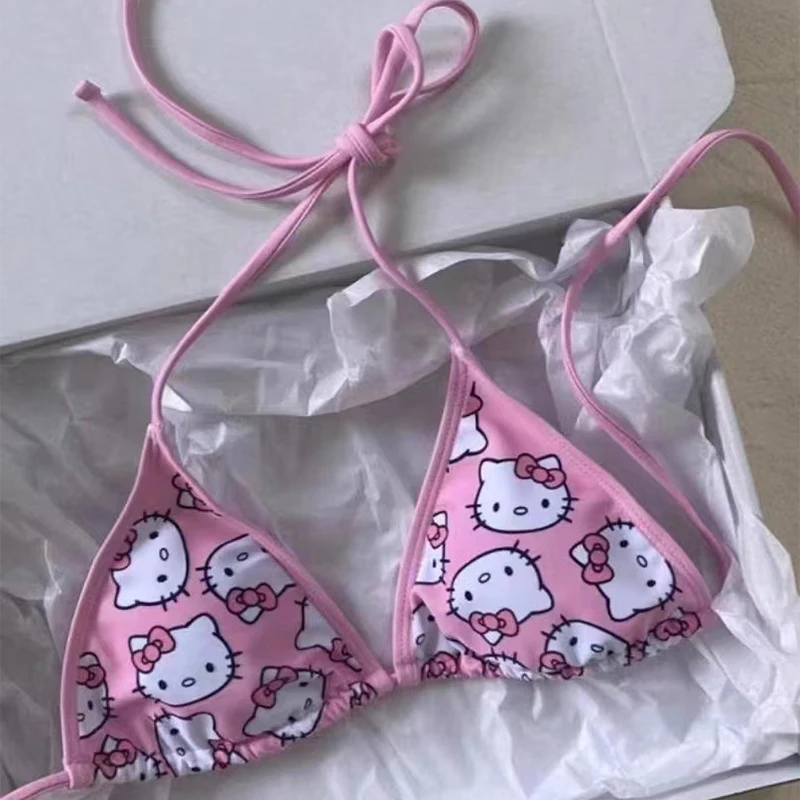 2Pcs Sanrio Hello Kitty Bikini Set Cute Cartoon Summer Beach Soft Side Strappy Panties Sexy Bikini Kawaii Swimsuit