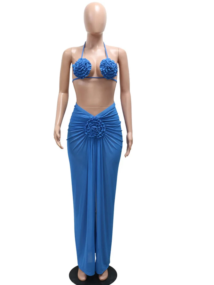 Beyprern ผู้หญิง ROYAL BLUE 3D ดอกไม้ชุดบิกินี่ 3 ชิ้นชุดฤดูร้อน SHEER ตาข่าย Blossmed Ruched ชุด COVER-Up ชุดว่ายน้ํา