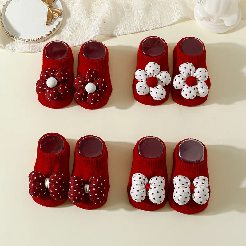 New Year Red Baby Socks 3D Flower Bow Toddler Boat Socks Rubber Newborn Anti-slip Floor Sock 0-12M Kids Solid Cotton Short Sock