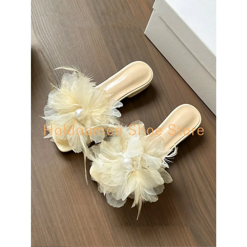 رائعة العديد من الأنماط زهرة ديكور النعال الأنيقة الصيف اللمحة تو كعب مربع مسطح شبشب على الموضة منتجع نمط النعال غير رسمي #3