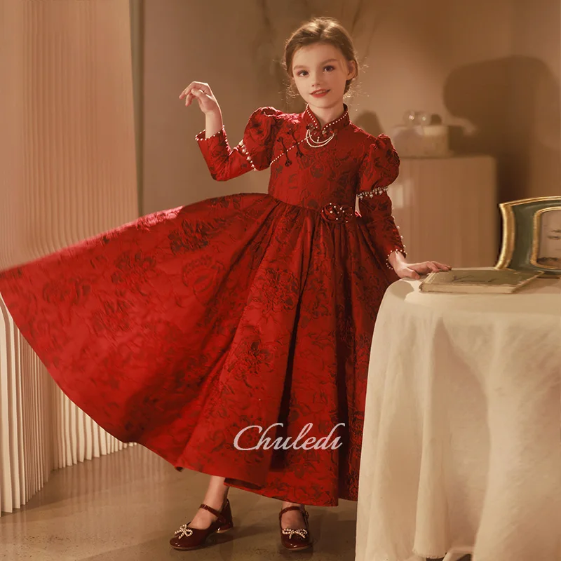 Girls Dresses Long Sleeve Ankle Style Burgundy Heavy Jacquard Birthday Princess Dresses