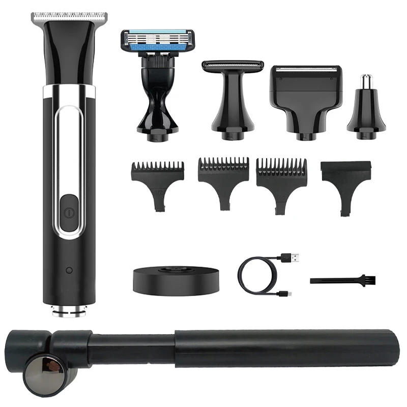5 in 1 Kit Rechargeable Men's Shaving Set Back Razor Shaver Groomer Foldable Telescopic Rod Nose Hair Trimmer Back Shaver Handle