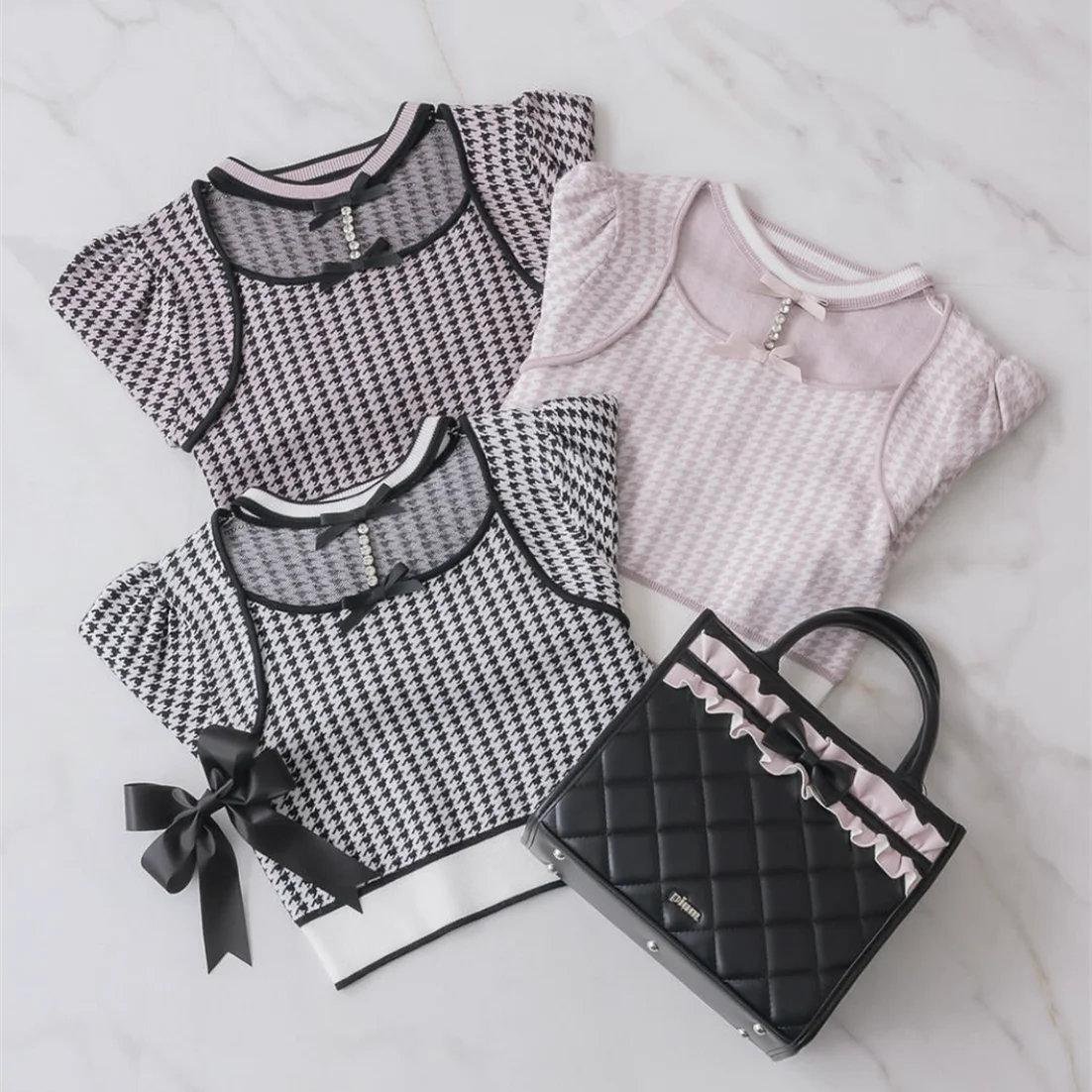 Japanese Style Elegant Sweet Plaid Jacquard Sweater Bow Rhinestone Chain Hollow Collar Long Sleeve Knitted Pullovers for Women