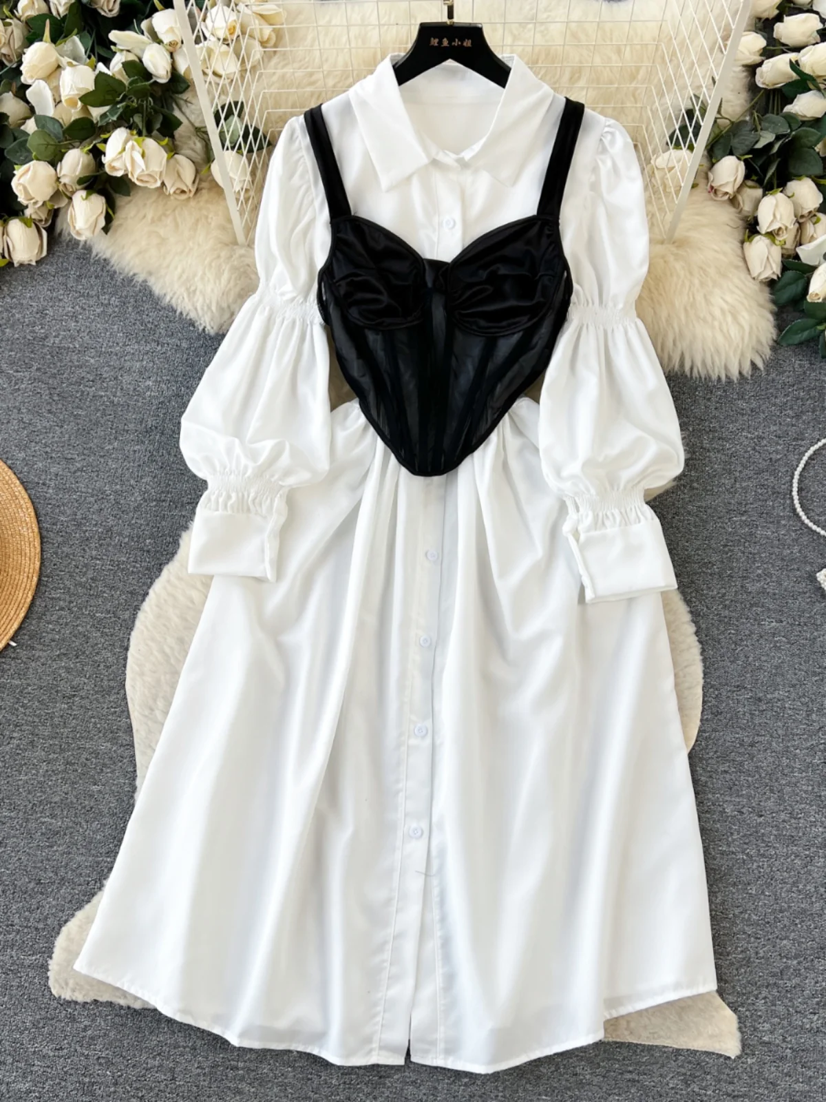 E Vestido Csero con Mangas Abullonadas, Ropa Exterior para Mujer, Cseta sin Mangas, Conjunto de Dos Piezas Antie...