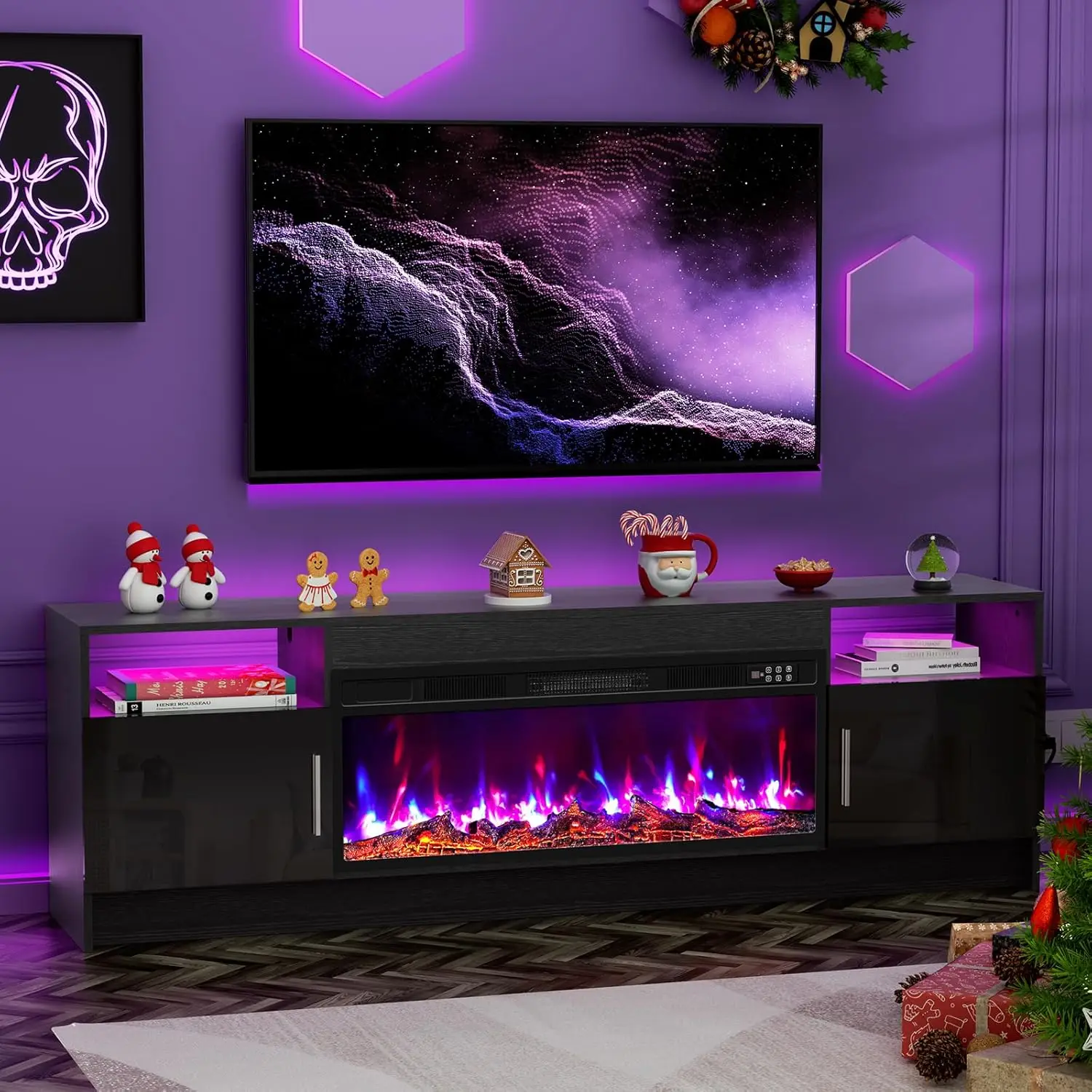 

Living Room Decor, Black, High Glossy Door Electric Fireplace TV Stand with Storage