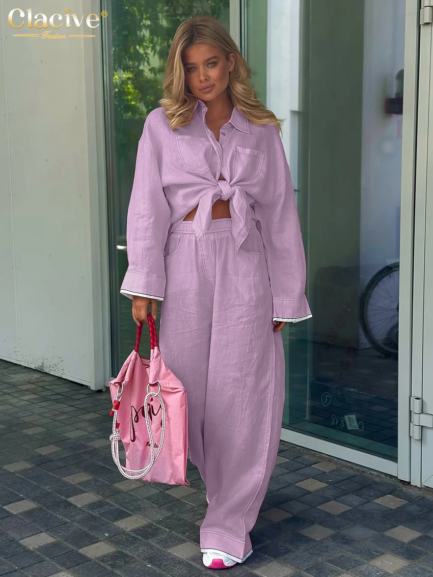 

Clacive Fashion Loose Pink Cotton Women's Two Pieces Set 2025 Elegant Long Sleeve Shirt With High Waist Wide Pants Set Female