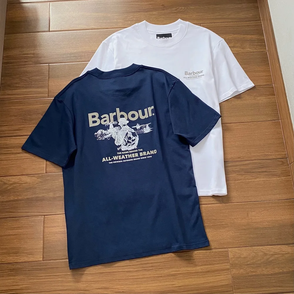 

Barbour 25ss, летняя повседневная универсальная футболка в американском стиле ретро с круглым вырезом и короткими рукавами, свободная мужская и женская футболка с половиной рукавов