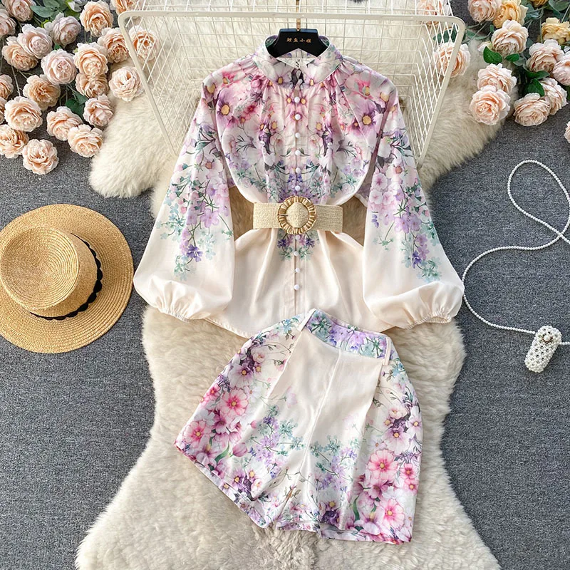 Summer Holiday Tulip Floral 2 Pieces Set Women's Linen Stand Lantern Sleeve Belt Shirt Top + Flower Print Wide Leg Shorts Suits