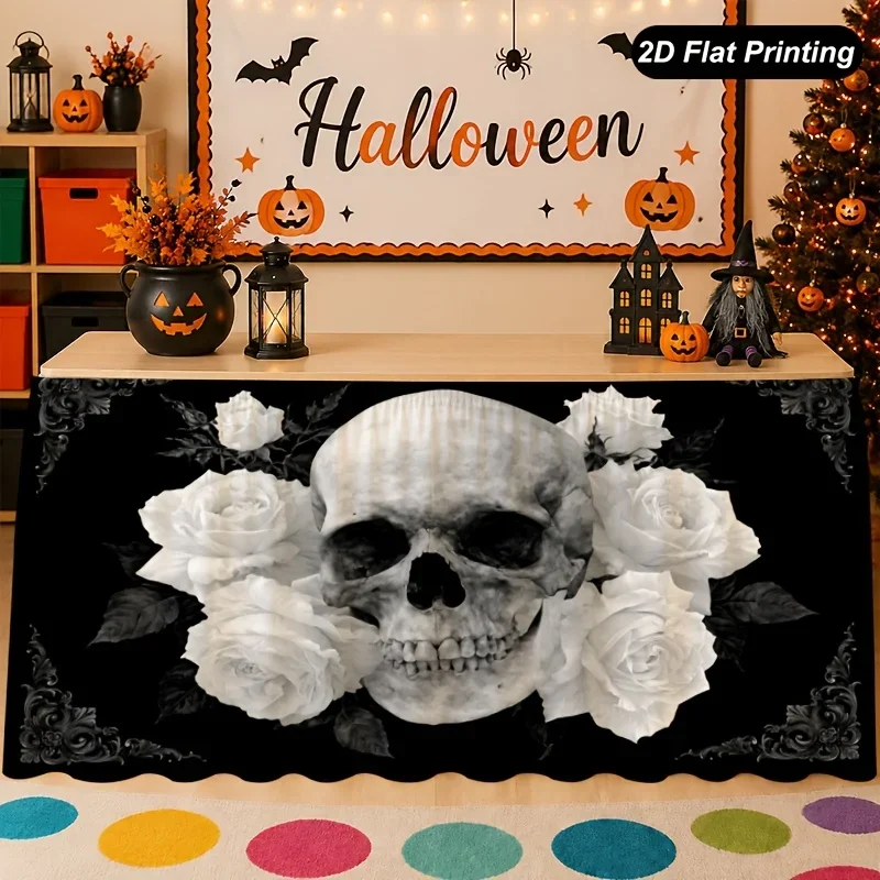 Flat Halloween black and white skull table skirt. Very suitable for decorating the family kitchen. FamilyHalloween decorationxzj