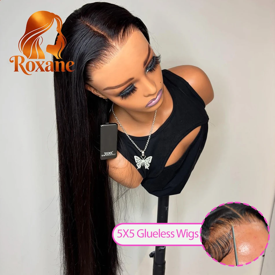

Парик Roxane 220 Density 5x5 без клея, с кружевной передней частью, из натуральных волос, прямой, 13x6 HD кружевной фронтальный парик для чернокожих женщин, 32-40 дюймов