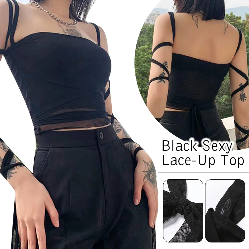 Women Sexy Black Mesh Lace Up Bandage Crop Tops Fairy Grunge Aesthetic Clothes Y2k Mall Goth Tanks