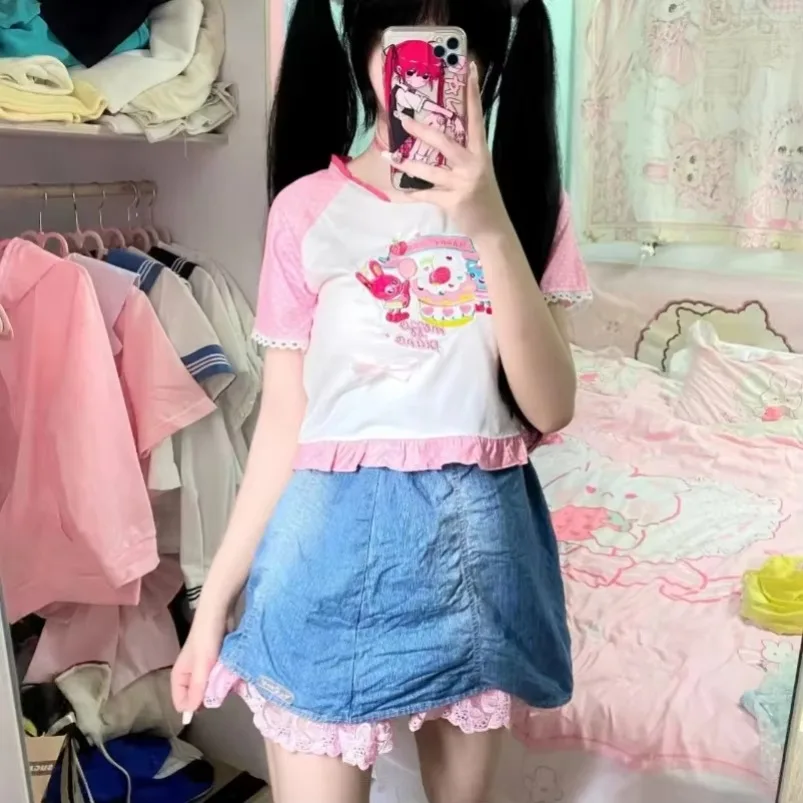 

Sweet Crop Top Grunge Cartoon Print Lolita T-shirt Women Aesthetic Ruffle Harajuku Contrast Y2k Color Tee Vintage Fairy Japanese