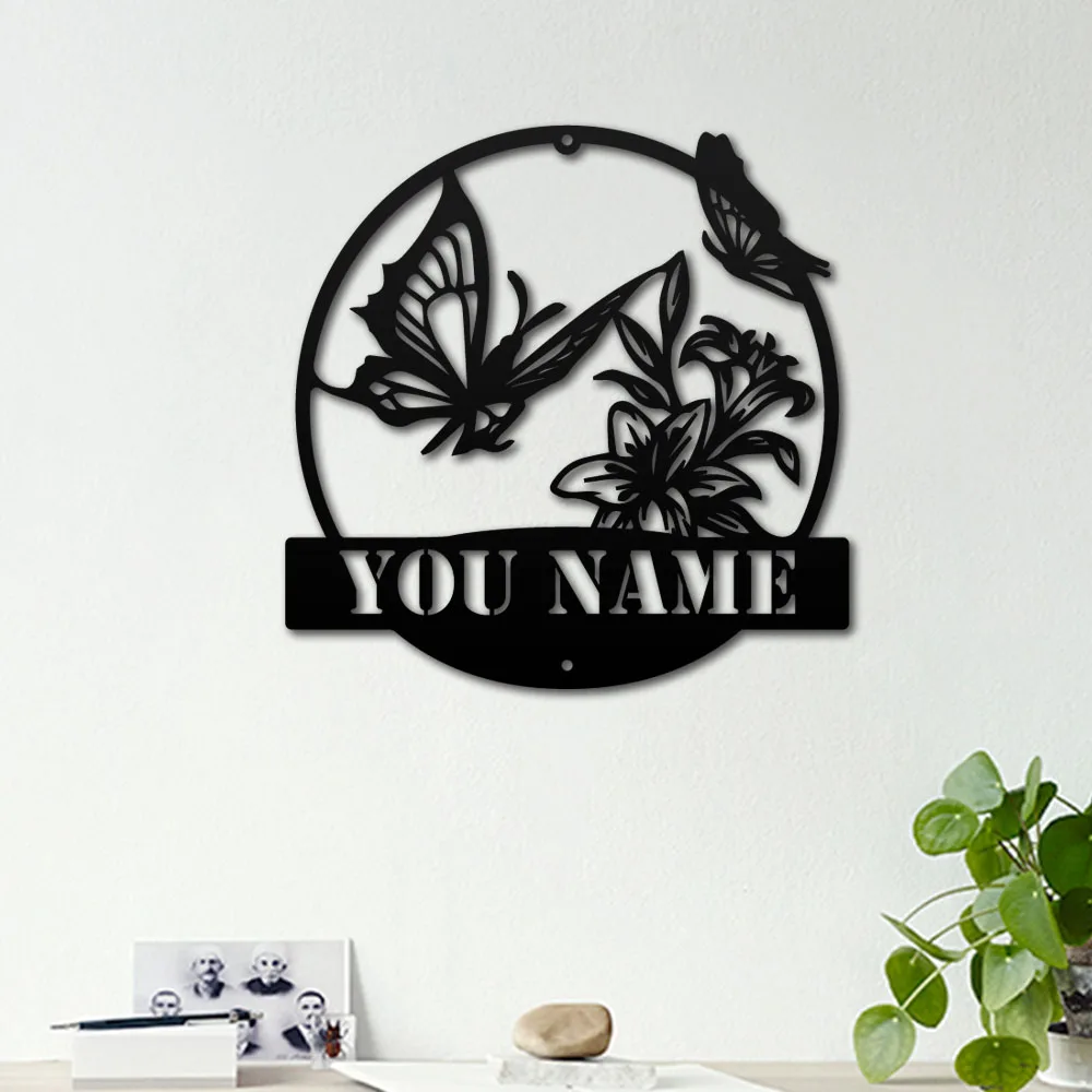 1pc Butterflies collect nectar Personalized name Metal Wall Signs Tin Wall Plaque For Bedroom Décor