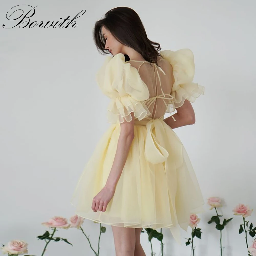 

Bowith Yellow Short Evening Dresses Square Collar Puff Sleeves Ruffle Prom Dress Mini Organza A-line Photo Shoot Party Dress