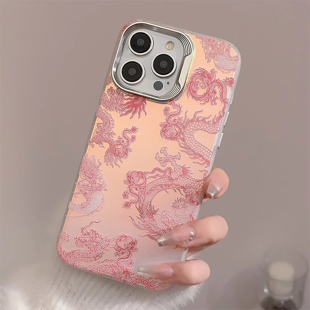 New Year's Fantasy Pink Dragon Chinese Style Cover Case For iPhone 15 14 13 12 Pro Max Plus Shockproof Protective Phone Case