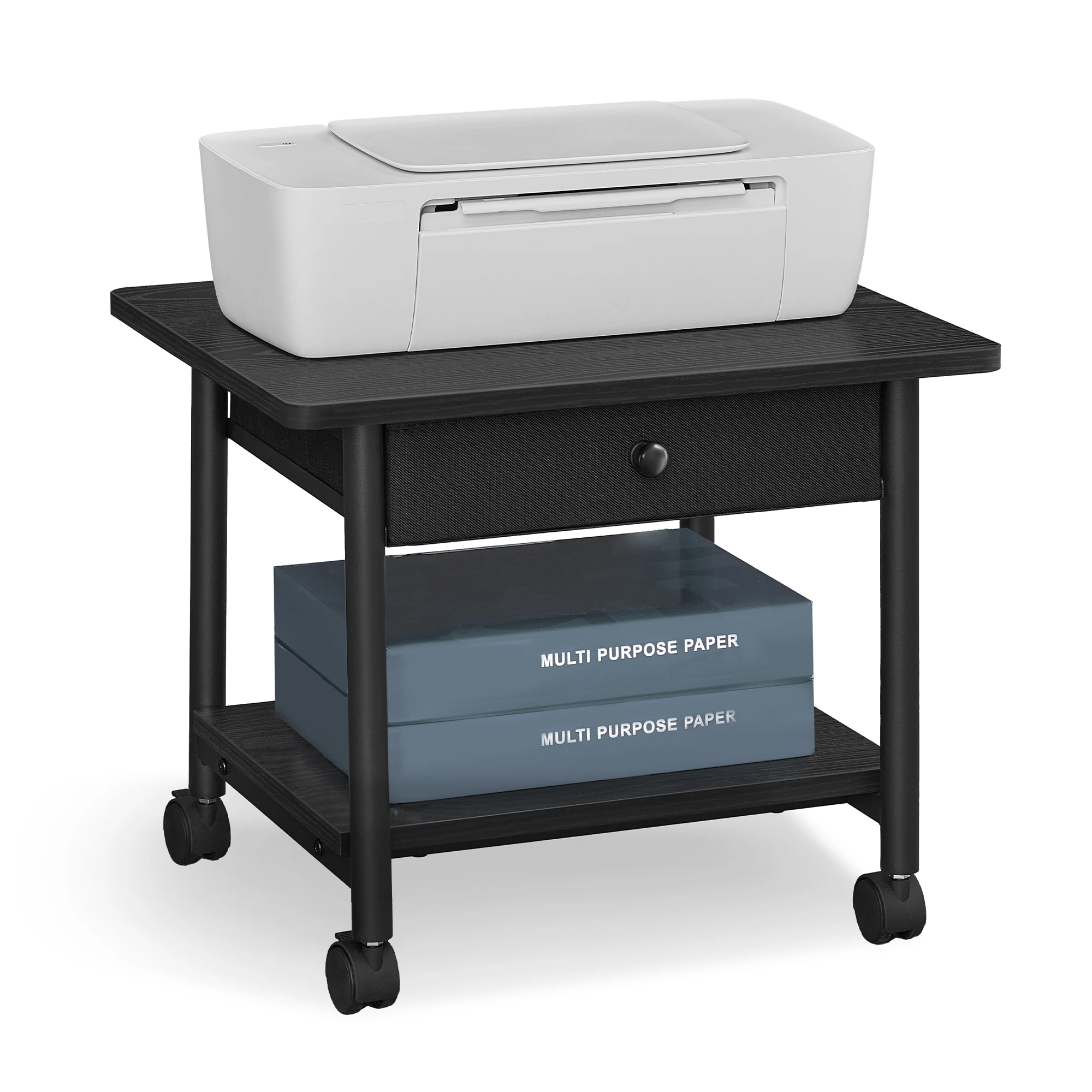 VASAGLE Printer Stand, Under Desk Printer Stand with Wheels, Drawer with Divider, Bottom Shelf, Fits Inkjet, Laser, Photo