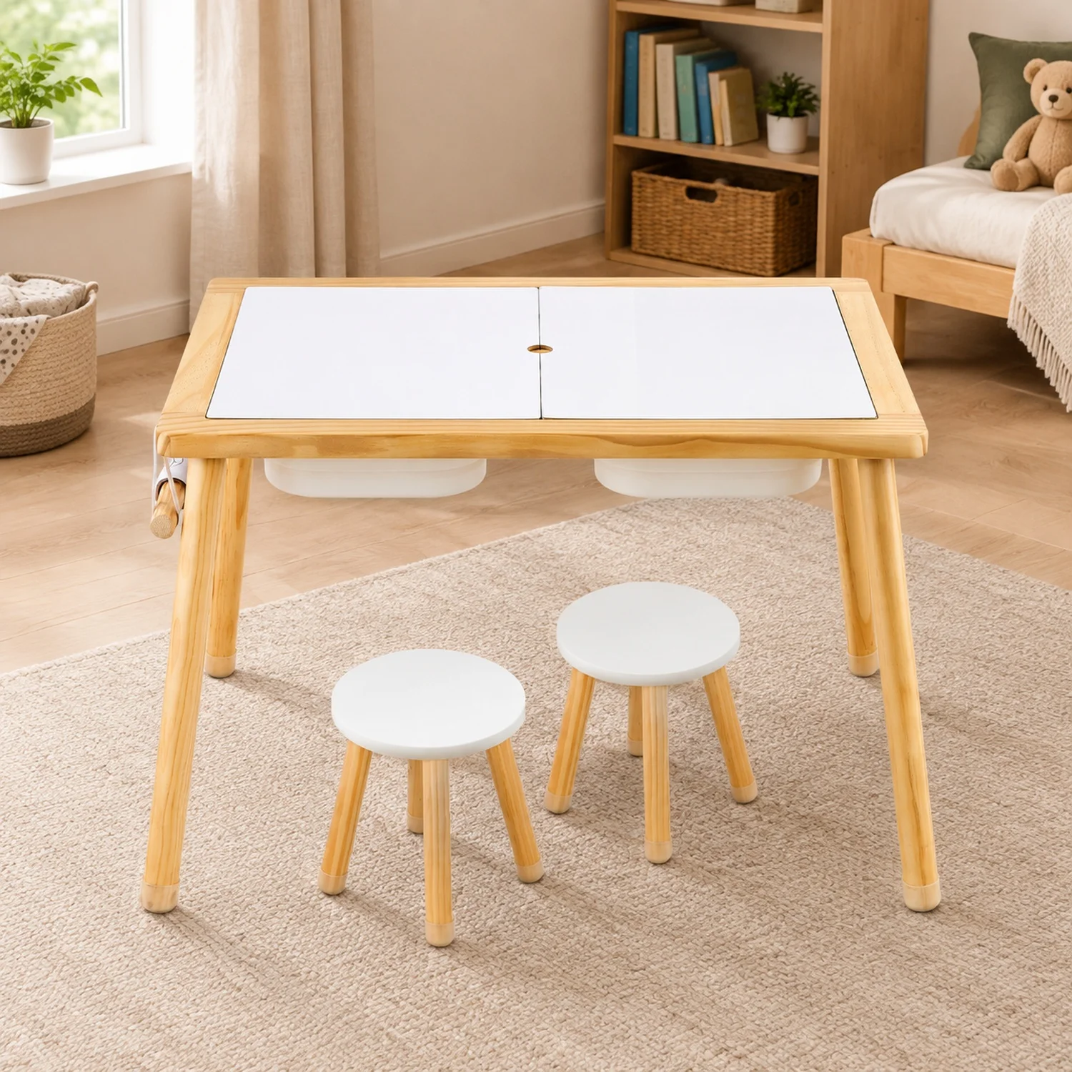 Sensory Table for Toddlers, Wooden Kids Activity with 2 Stools, Double-Sided Board, Storage Bins, and Non-Slip Feet, Boys Girls