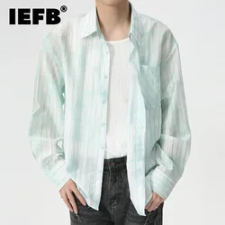 IEFB Korean Style Men's Striped Shirts Tie-dyed Loose Lapel Long Sleeve Casual Male Tops Thin Summer Simple Clothing C6268