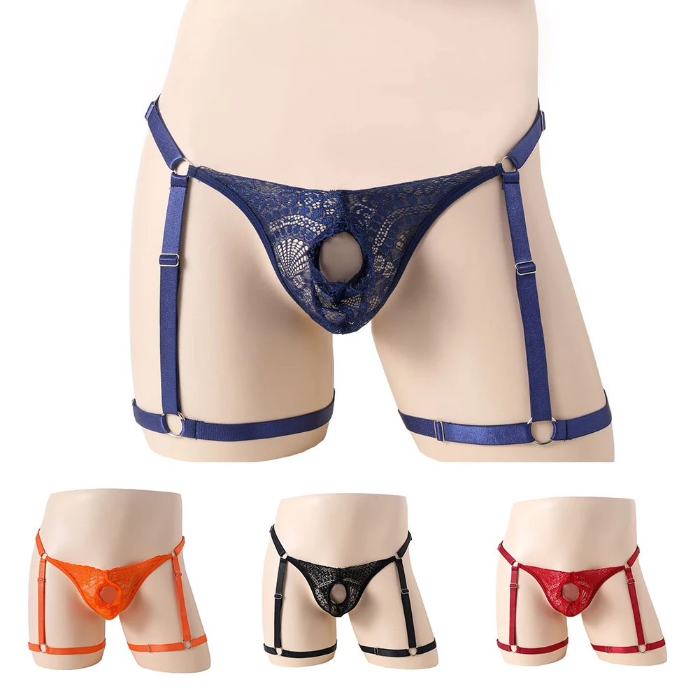 Ropa interior Sexy de encaje para hombre, lencería calada, liguero de pierna, parte trasera en T, suspensorio sólido, bragas de Bikini elástico