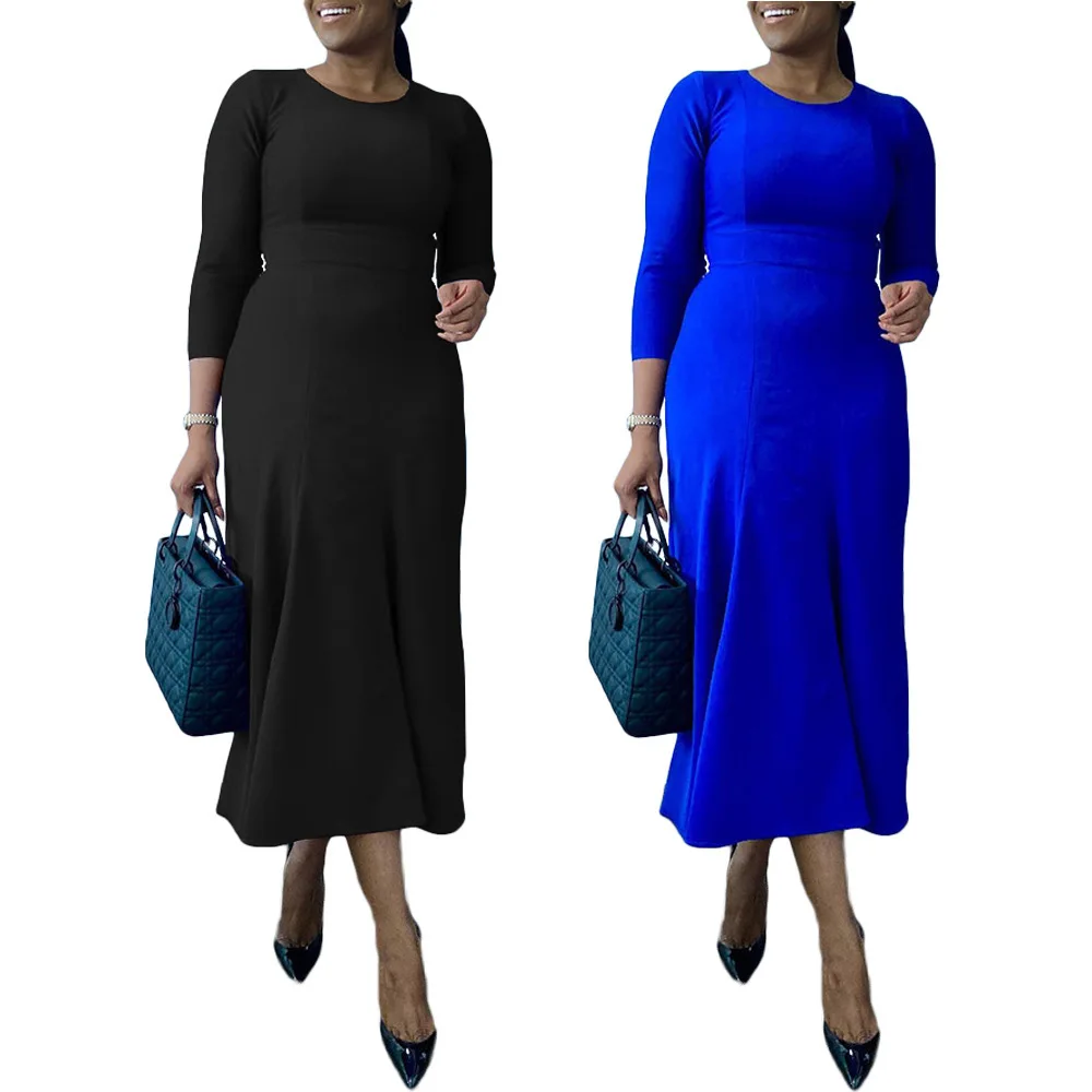 2026 Long Women's Clothing, Spring, Solid Color Round Neck Back Zipper Dress, Summer New Models Are On The Market, Fashion Trend