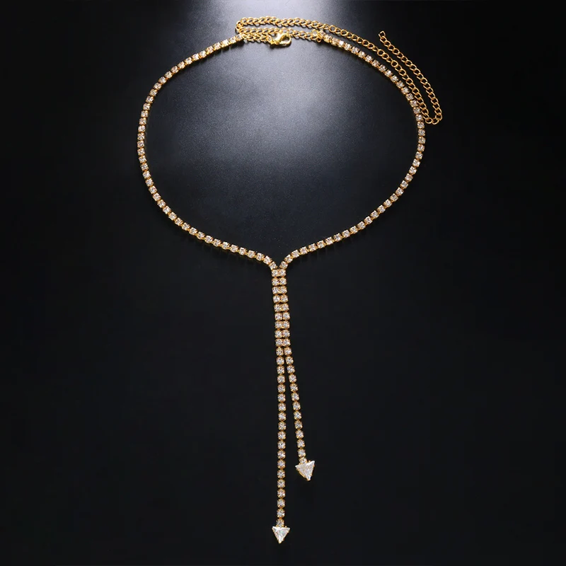 Stonefans Simple Fine Chain Rhinestone Necklace Long Triangle Tassel Single Layer Fashion Choker Designer Jewelry Accessories
