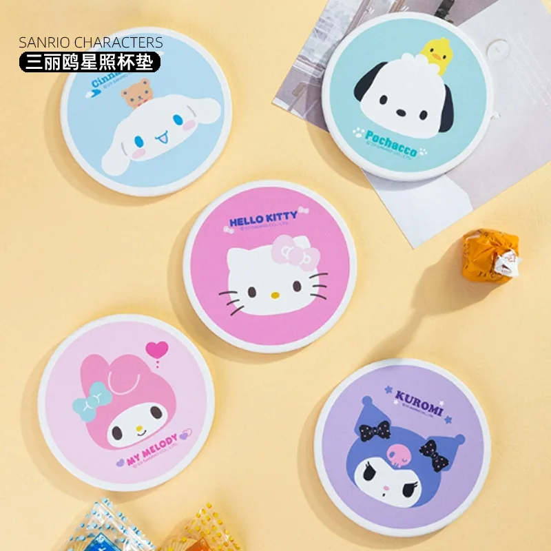 

Sanrio Cinnamoroll Hello Kitty Coaster Round Ceramic Coaster Thermal Insulation Anti-Scalding Pad Cork Cute Home Decoration