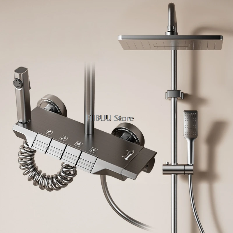 Overhead Mount Shower Head Combo Grey Piano Four Button Shower System with Gun Fashionable Shower Sets for Hotel Home Bathroom