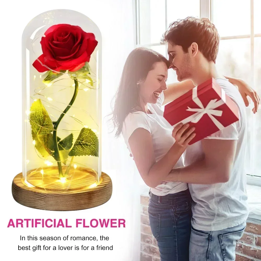 Artificial Flowers Beauty and the Beast Eternal Rose in Glass Cover Valentine\'s Day Wedding Birthday Decor for Gift