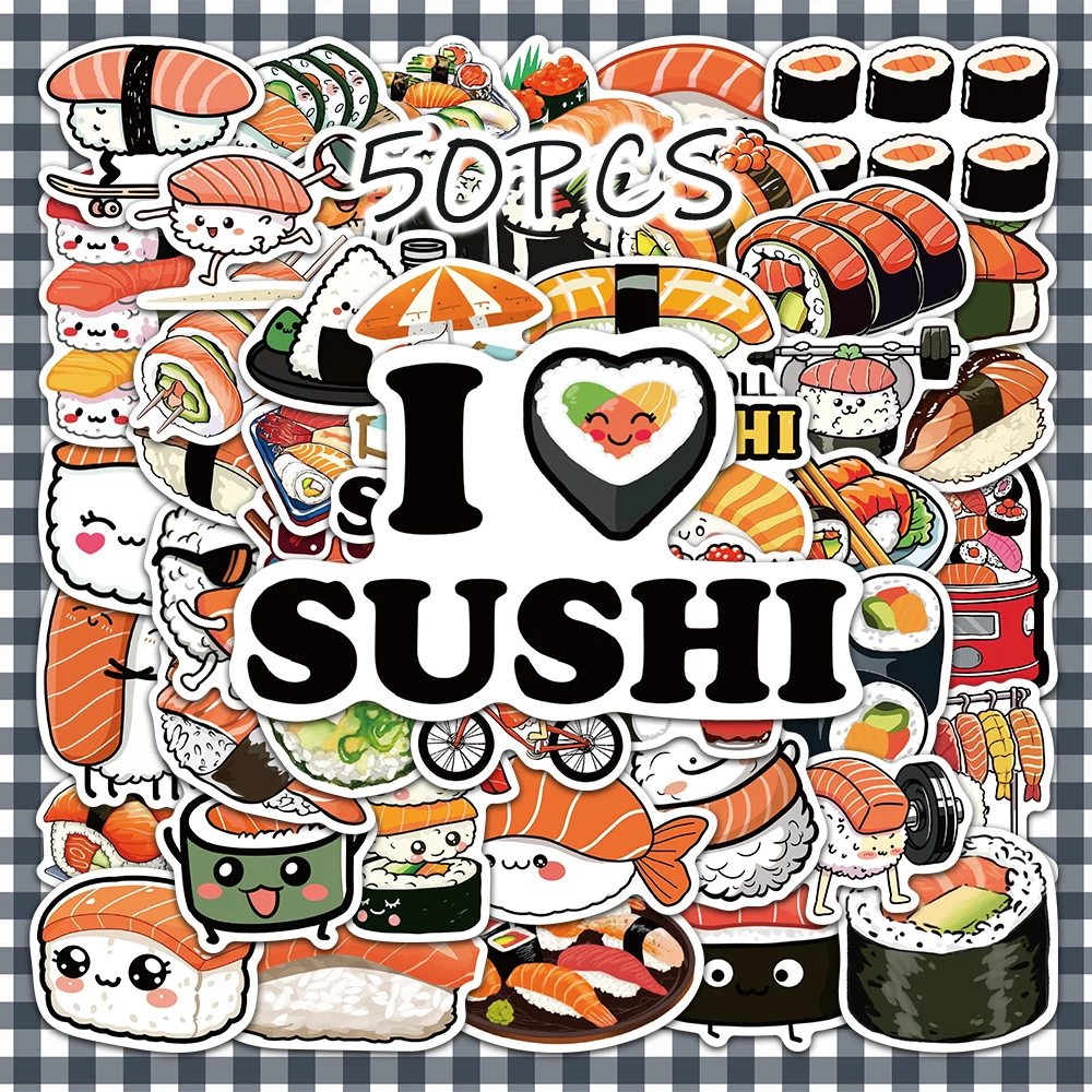 

50pcs cute sushi themed decorative stickers for New Year gift party decals Back to school laptop cellphone case skateboard