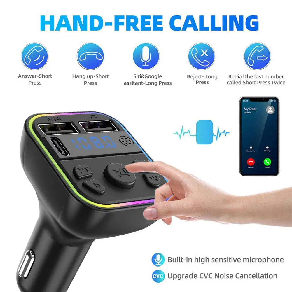 Car Bluetooth 5.0 FM Transmitter Hands Free Calling USB Adapter MP3 Car Radio Charger PD Radio Type-C Player/USB Chargers D A2V7