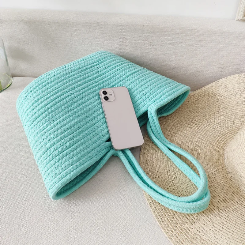 New Summer Fashion One-shoulder Cotton Rope Braided Female Bag Straw Braided Bag Seaside Holiday Beach Handbag Wholesale