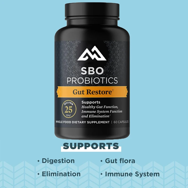 

SBO Probiotics 60 capsules vegetarian capsules promote intestinal health, digestion, and immunity. Gluten free, super food blend