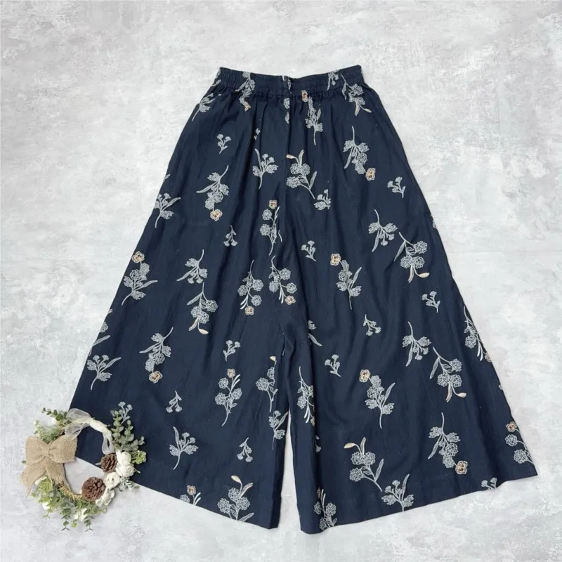 

Johnature Printed Cotton Wide-leg Casual Pants 2025 Summer New Navy Elastic Waist Print Loose Ankle-length Wide Leg Women Pants