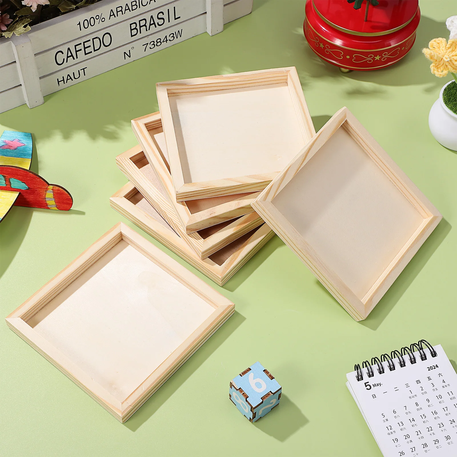 6 Pcs Puzzles Wooden Trays Unfinished Frame Bamboo Dishes for Hexahedral Painting Crafts Office Natural Serving