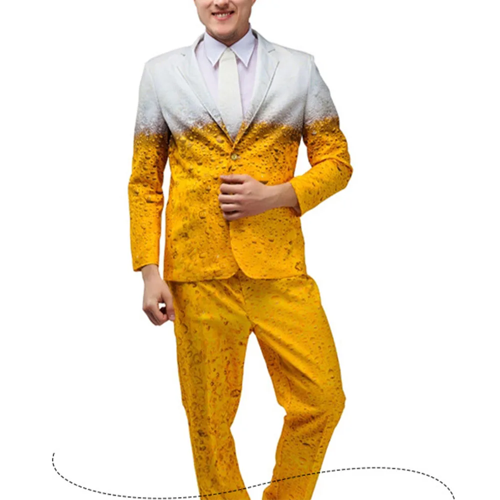 Oktoberfest Suit for Men, Funny Humour Beer Costume Set, Yellow Jacket Pants, Lapel Neckline, Casual Style, Slight Stretch