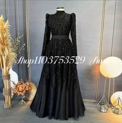Beaded Satin Muslim Evening Dresses Black Customised Long Sleeve Islamic Hijab Formal Party Dresses Dubai Arab Womenفساتين سهرة