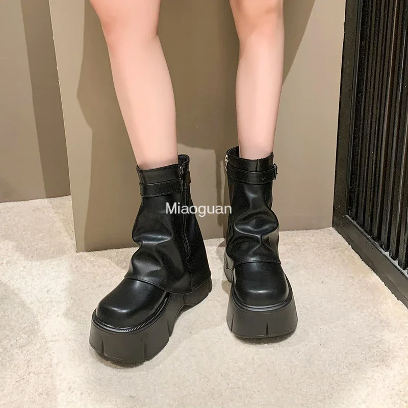 Botas de tacón alto y grueso para mujer, botines de tiburón a media pantorrilla con plataforma de 8cm, cuñas con cremallera, diseño de lujo, a la