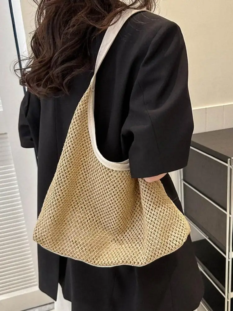 Casual Solid Color Weave Straw Bag Handmade Bohemian Style Beach Handbag Large Capacity Tote Bag Shoulder Bag Ladies
