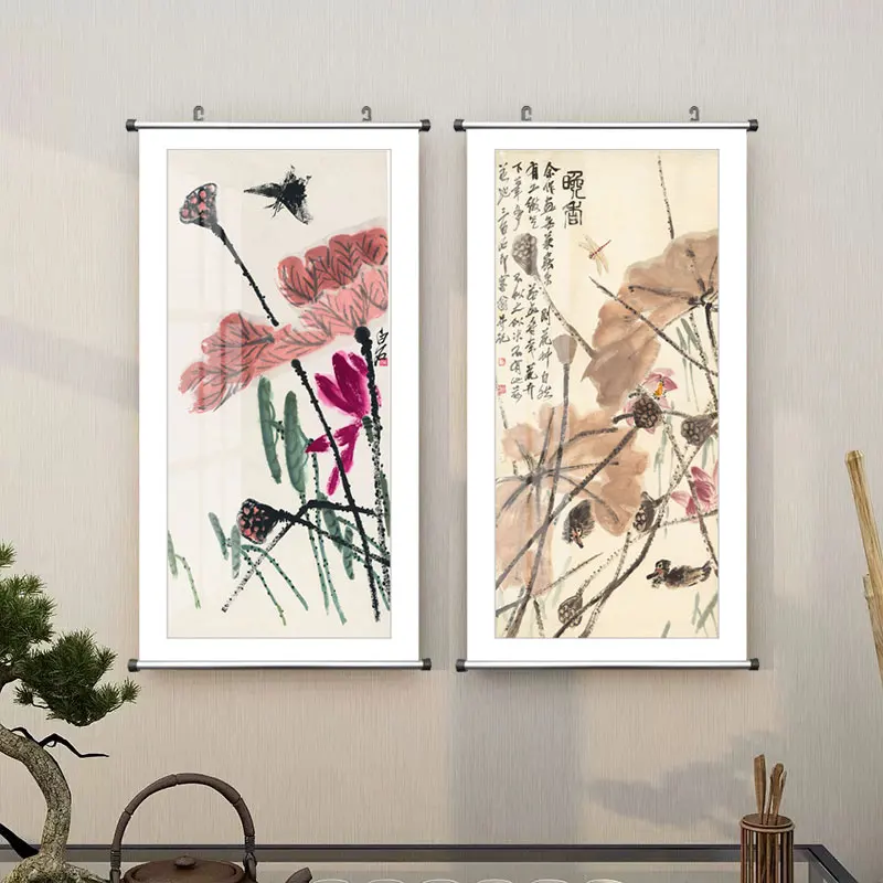 Chinese style canvas painting ink art combination decorative painting Chinese painter Qi Baishi large-scale vertical art mural