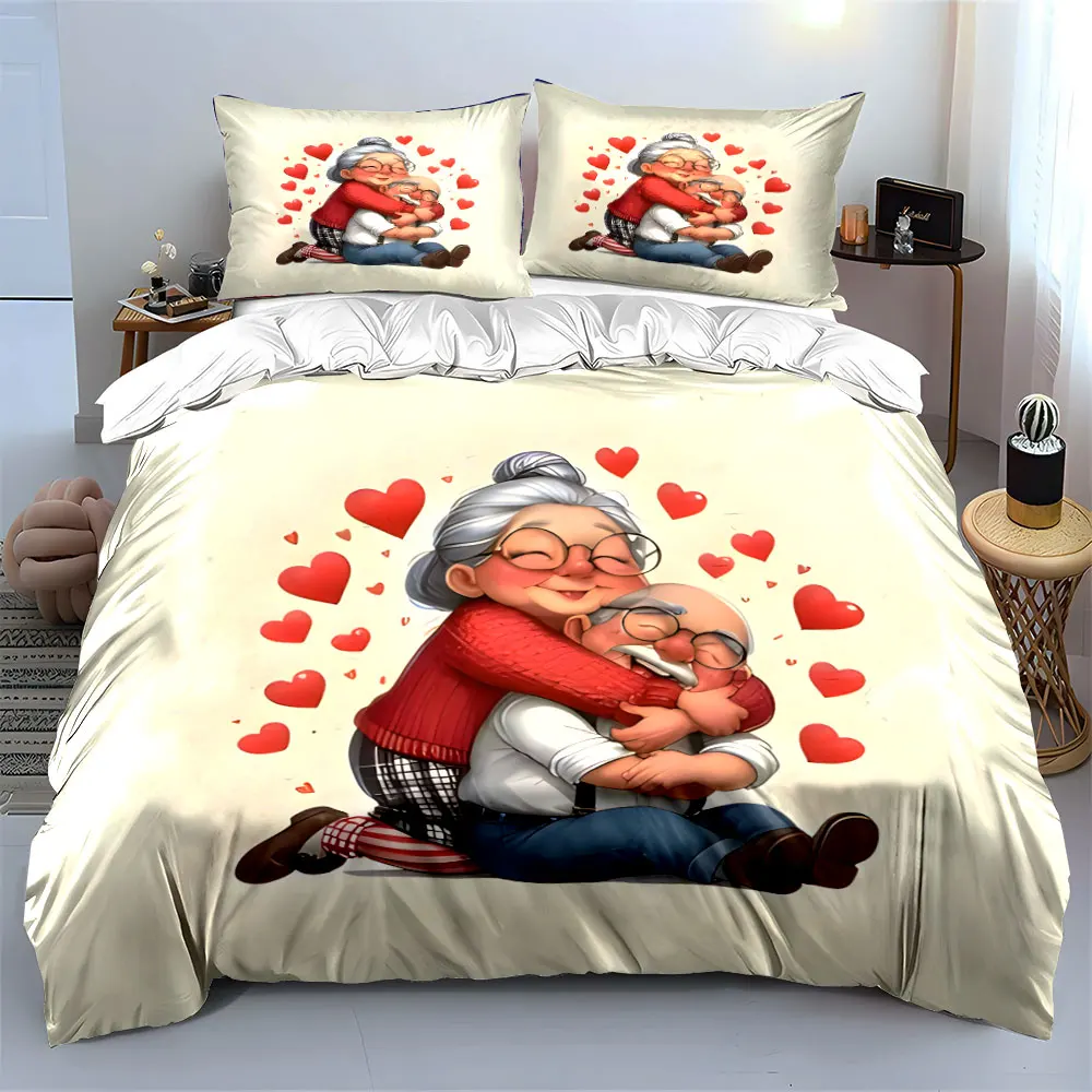 Cute Cartoon Elderly Couple Hug Red Heart Bedding Set,Sweet Old Grandma Grandpa Love Print 1 Duvet Cover + 2 Pillowcase, gift