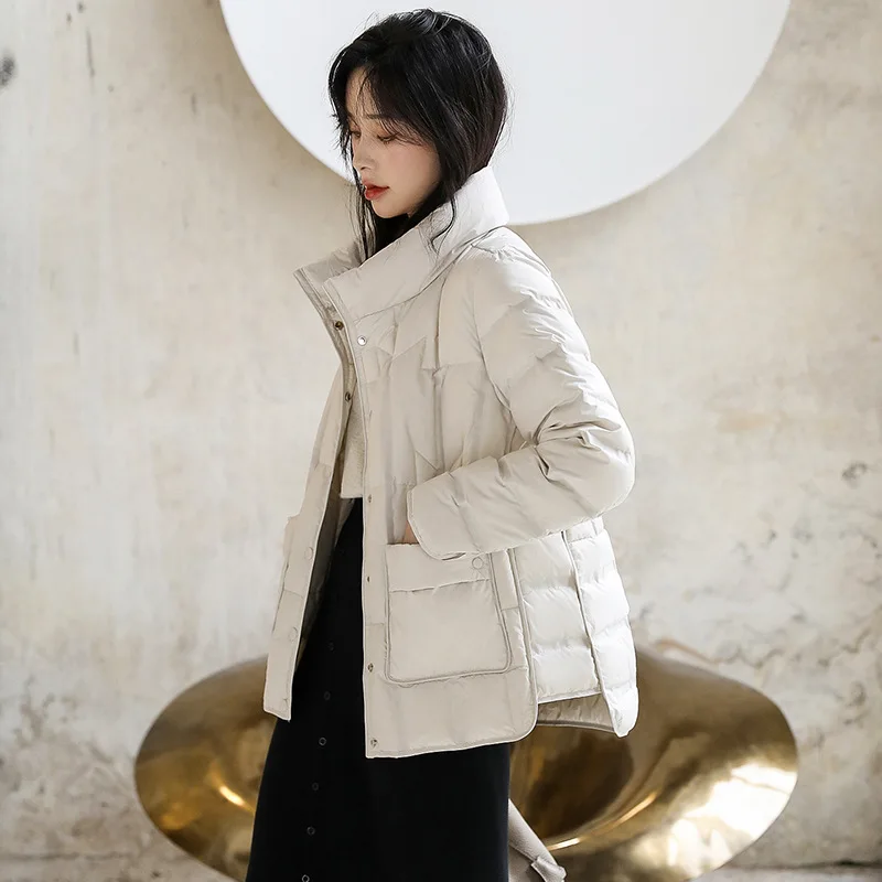 2025 패션 가을/겨울 새로운 여성 다운 재킷 느슨한 통근자 방풍 스탠드 칼라 따뜻한 재킷