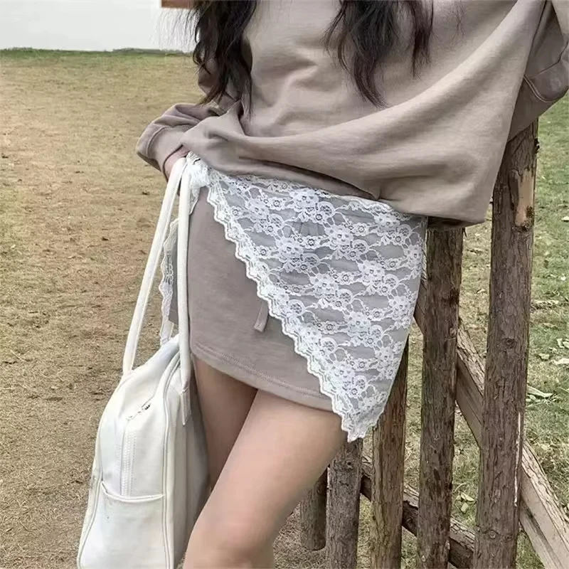 2 في 1 مثلث تنورة قصيرة نصف تنورة بعقب الستار تنورة الدانتيل تقليم المئزر لينة الدانتيل مكدسة Ins نمط الكورية النساء الحجاب #5