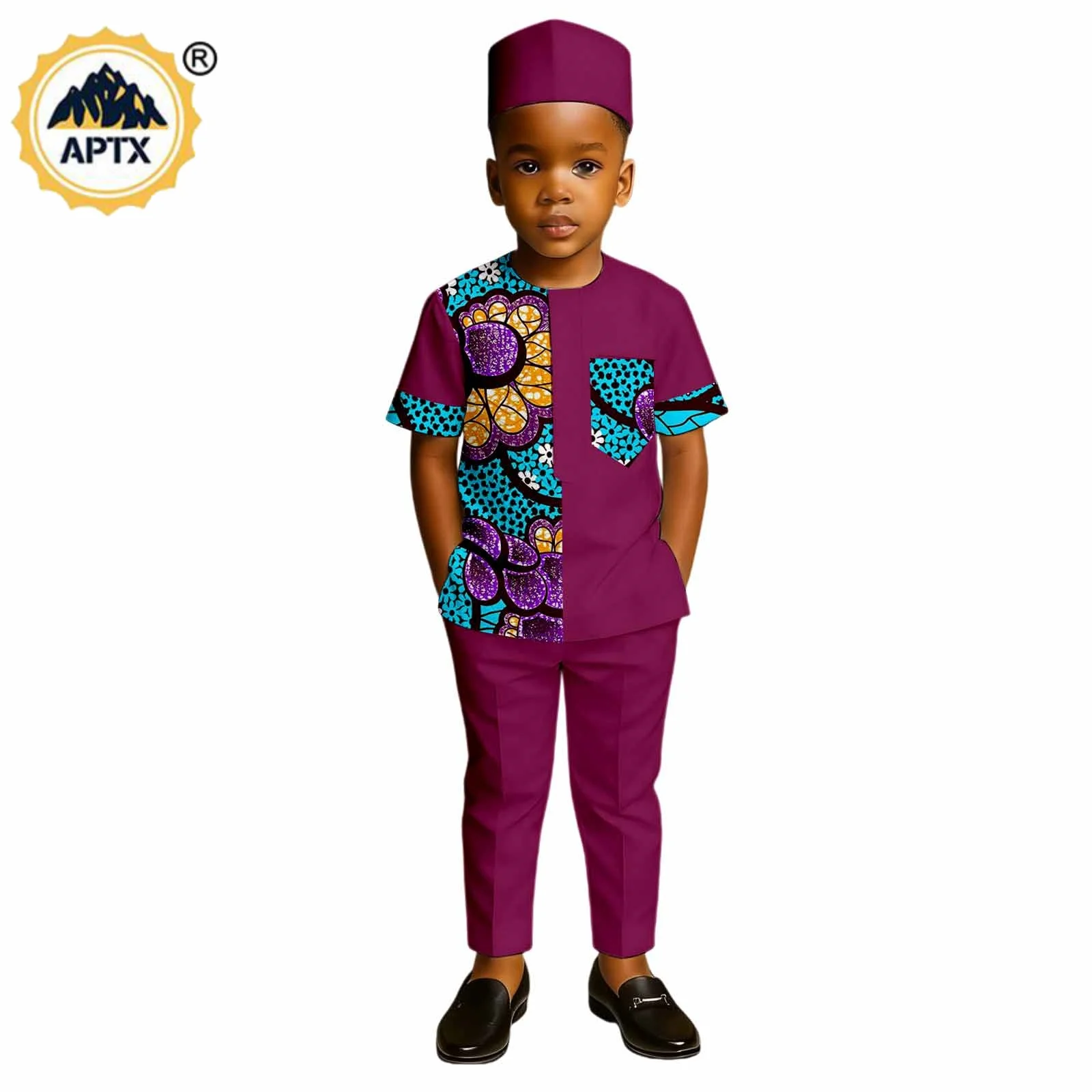

African Boy Print Hat Top Tee and Pant Sets Dashiki Children Kid Boys Outfits Half Sleeve Kaftan Outwear 2546024