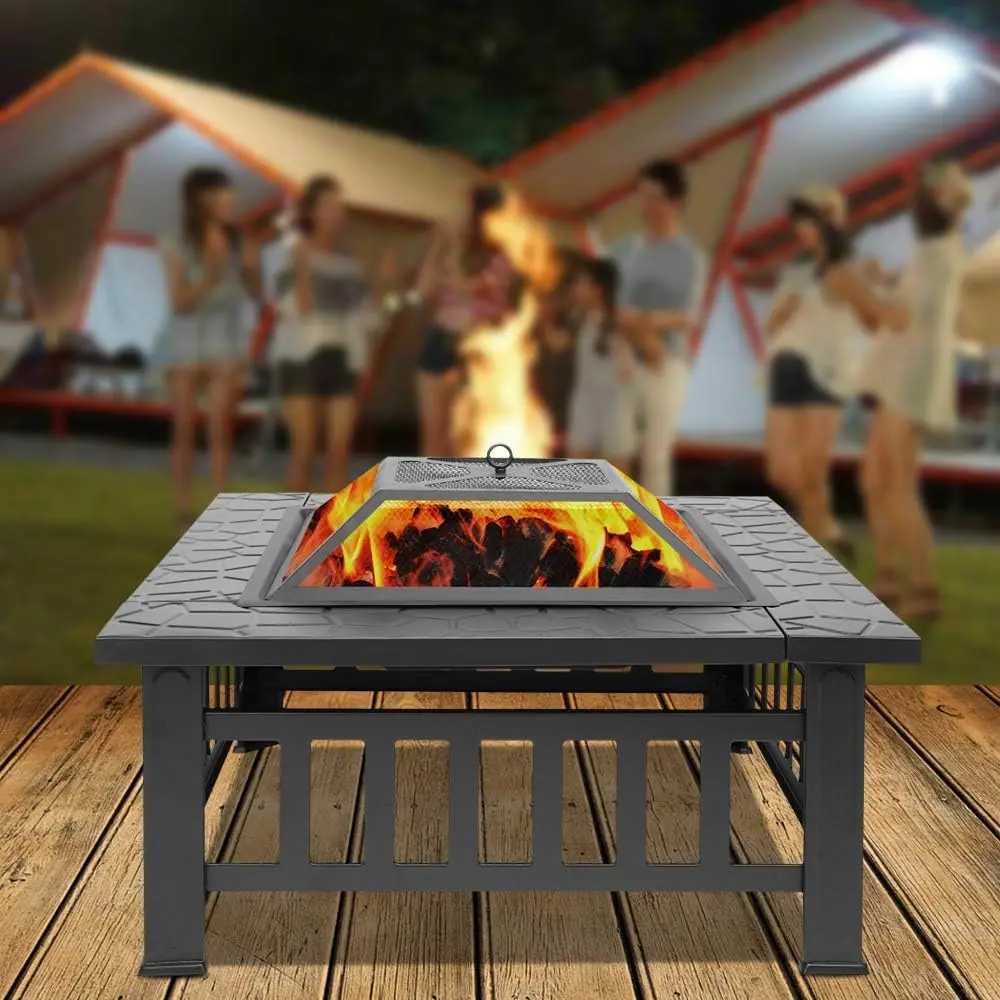 32-Inch Square Wood-Burning Fire Pit with Mesh Lid and Fire Poker, Portable Outdoor Fireplace for Christmas, Backyard, Patio, Outside Picnic, BBQ Party and Outdoor Use