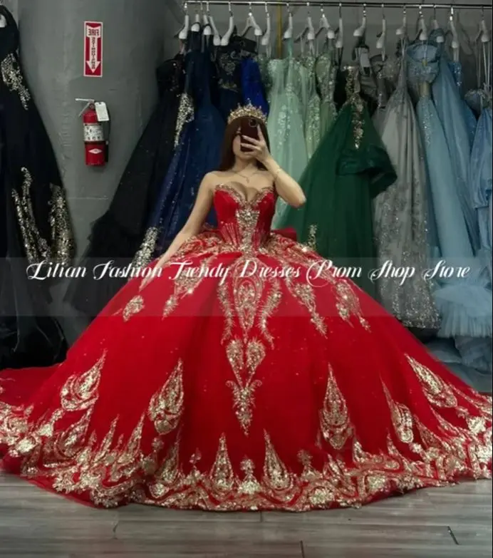 

Сказочное красное платье принцессы 15 quinceañera, роскошное платье-футляр с соборным шлейфом и блестками, аппликациями на заказ, мексиканская королева, 15-летнее платье