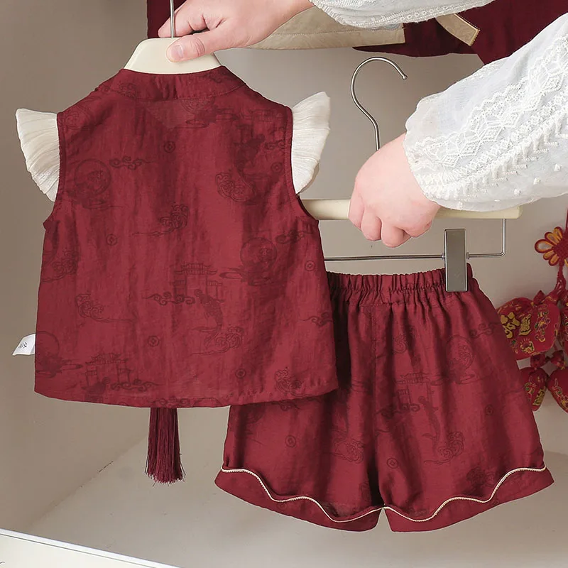 Summer Girls Outfit Sets Chinese Style Cartoon Cute Birthday New Year Embroidery Sleeveless Tops+Shorts Baby Newborn Items B298