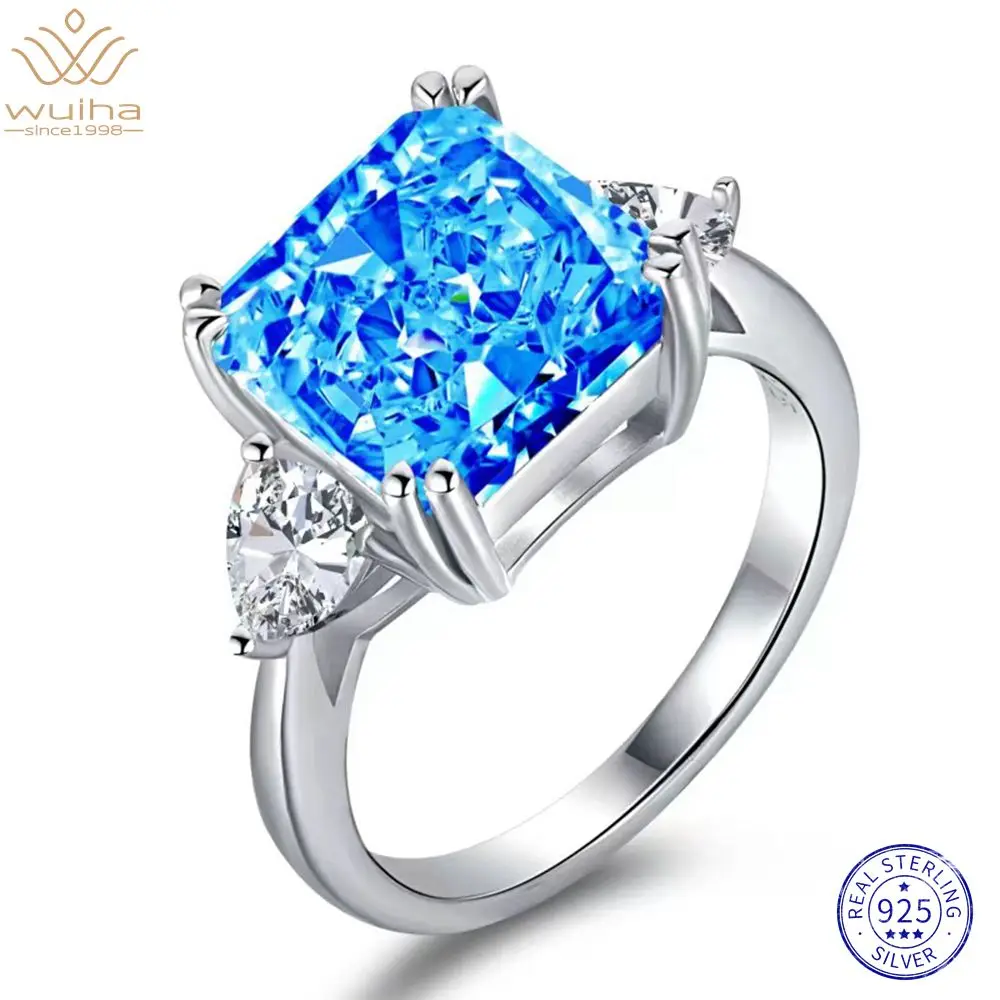 

WUIHA Real 925 Sterling Silver Crushed Ice 11CT Fancy Vivid Sapphire Synthetic Moissanite Ring for Women Gift Drop Shipping