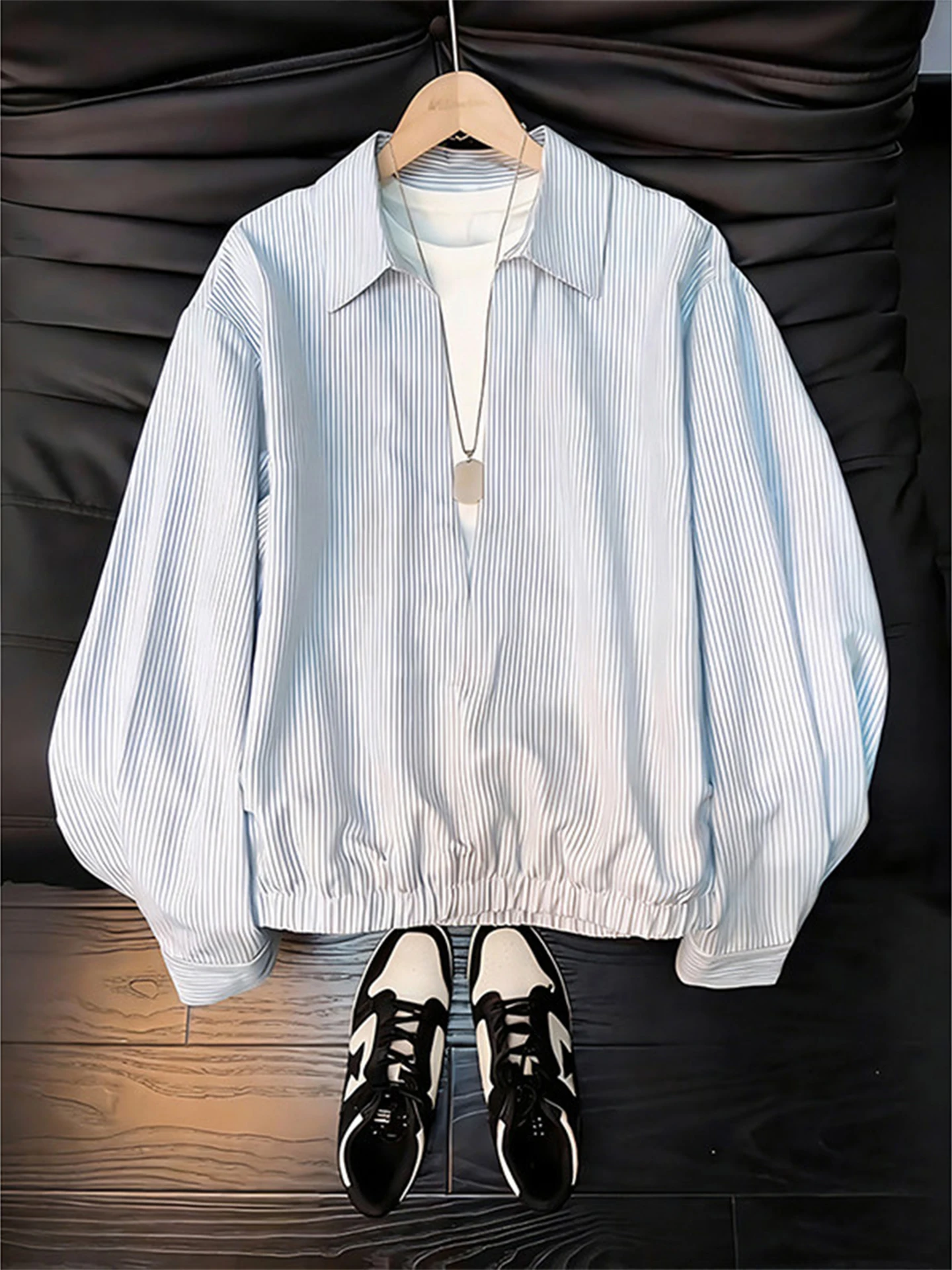 

High nce Sensation Men's Long Sve Striped irt V-Ne Fake Two-Piece Design Spring Casual Sle Breathable Polye...